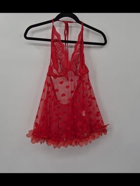 Plus Size Red Heart Mesh Lace Babydoll Lingerie Set Sexy Nightdress Size 1XL